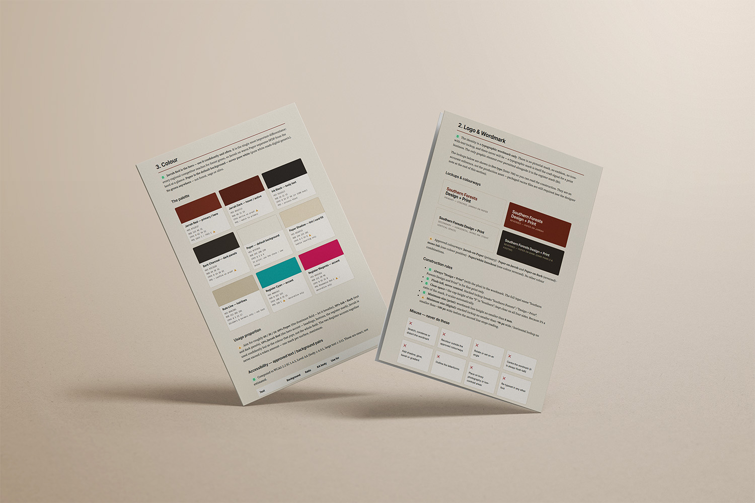 Southern Forests Design + Print brand guidelines pages