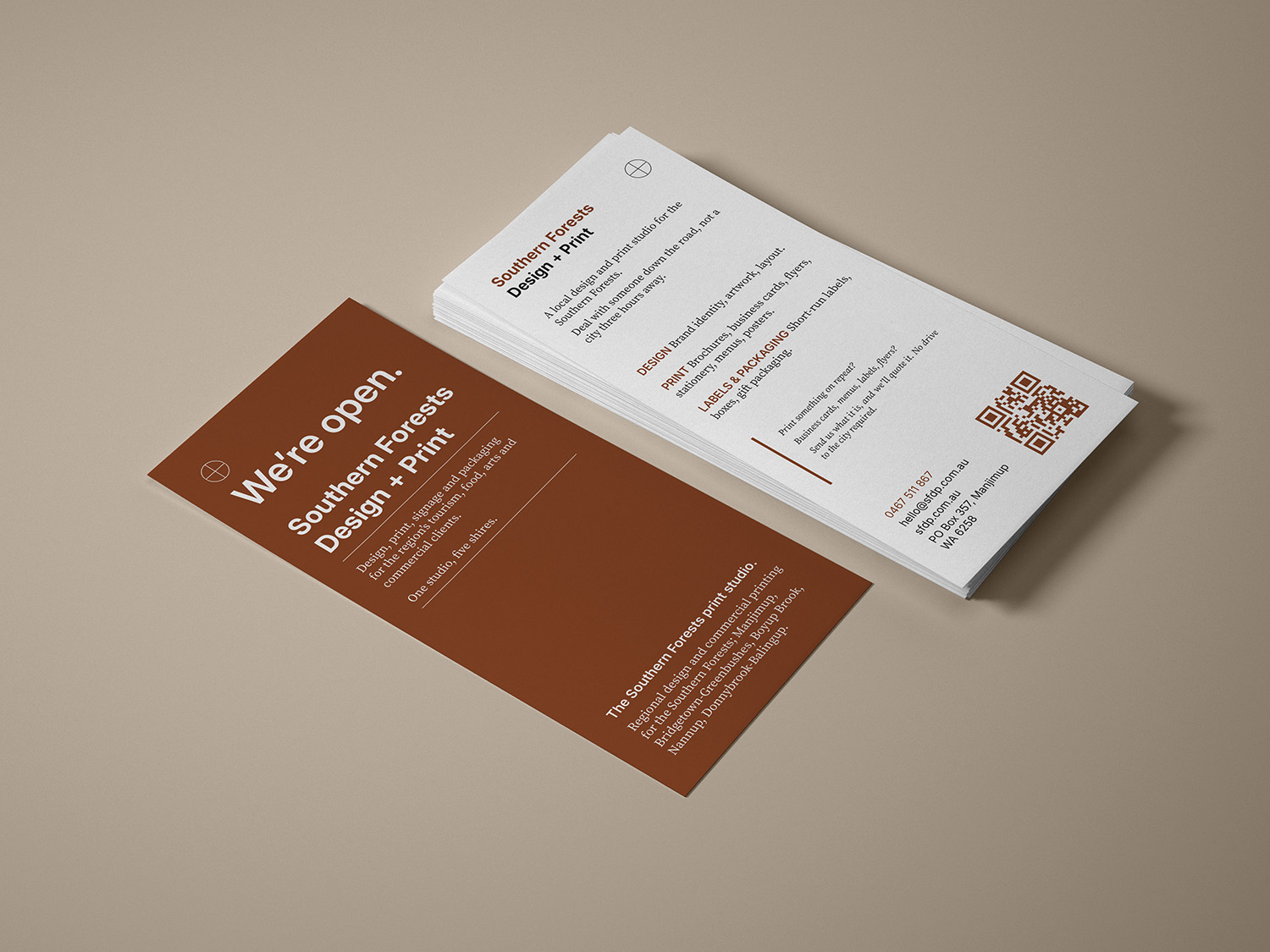 Southern Forests Design + Print launch flyer, front and back